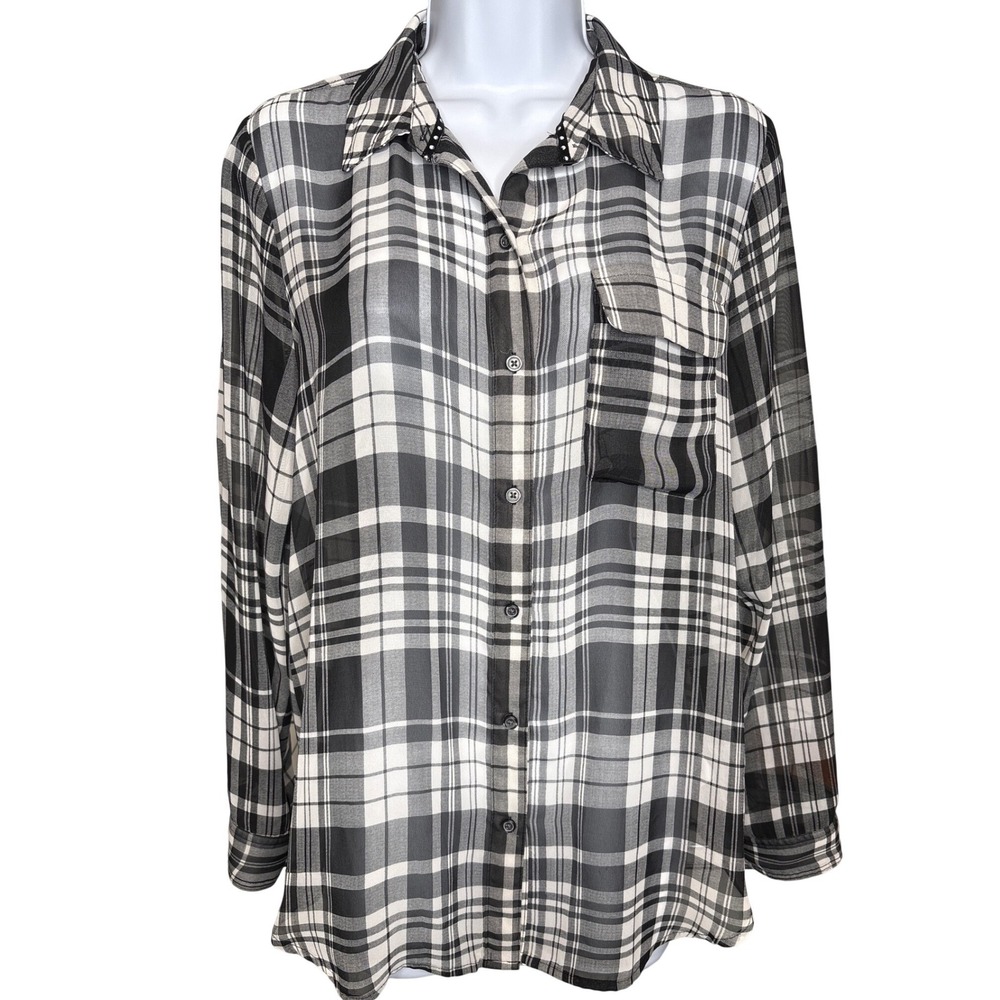 Old Navy Studio Spotlight‎ Womens Black White Plaid Sheer Button Down Shirt Sz M